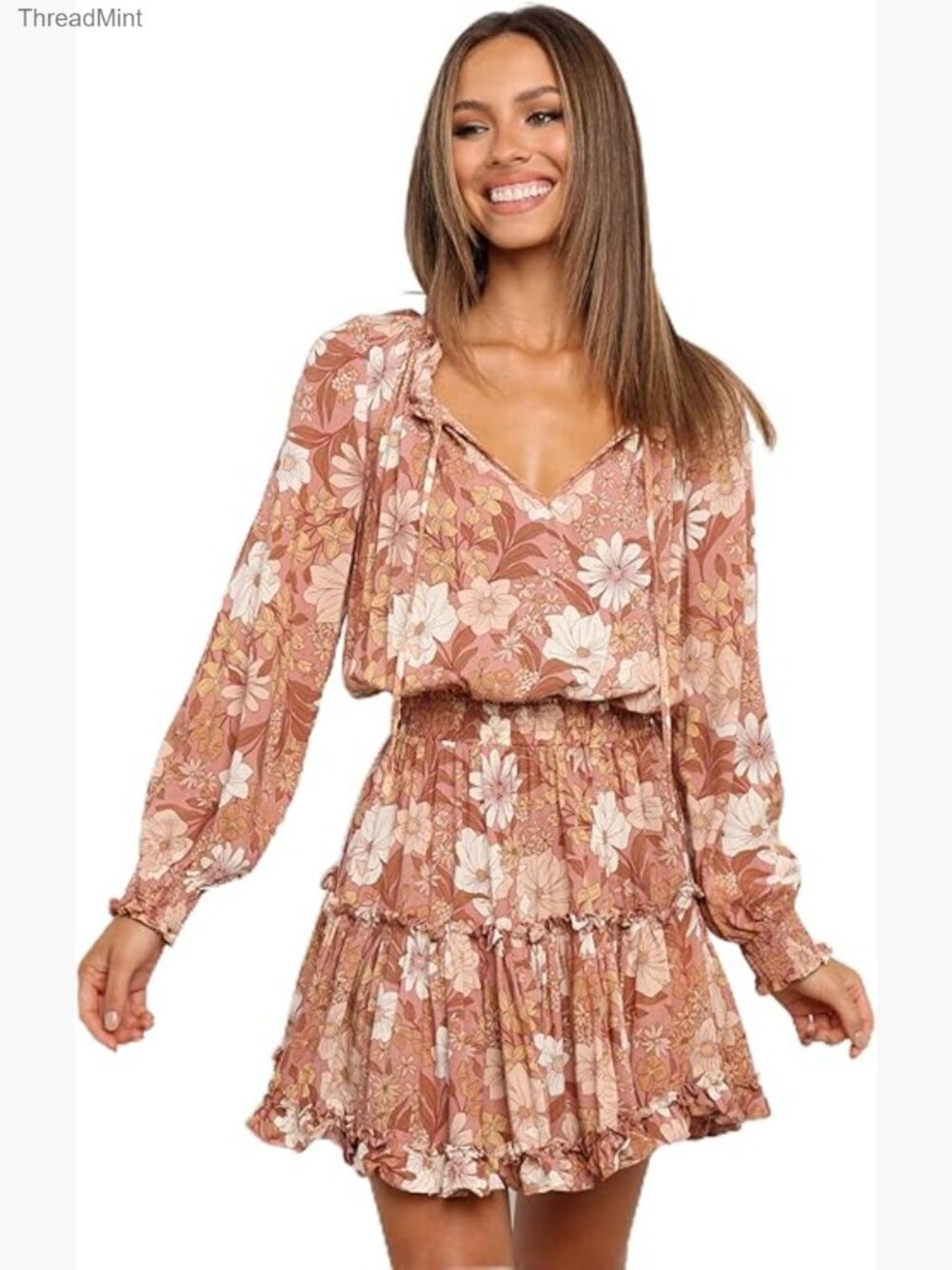 Floral Mini Dress Long Sleeve V-Neck Fitted Waist Special Occasion